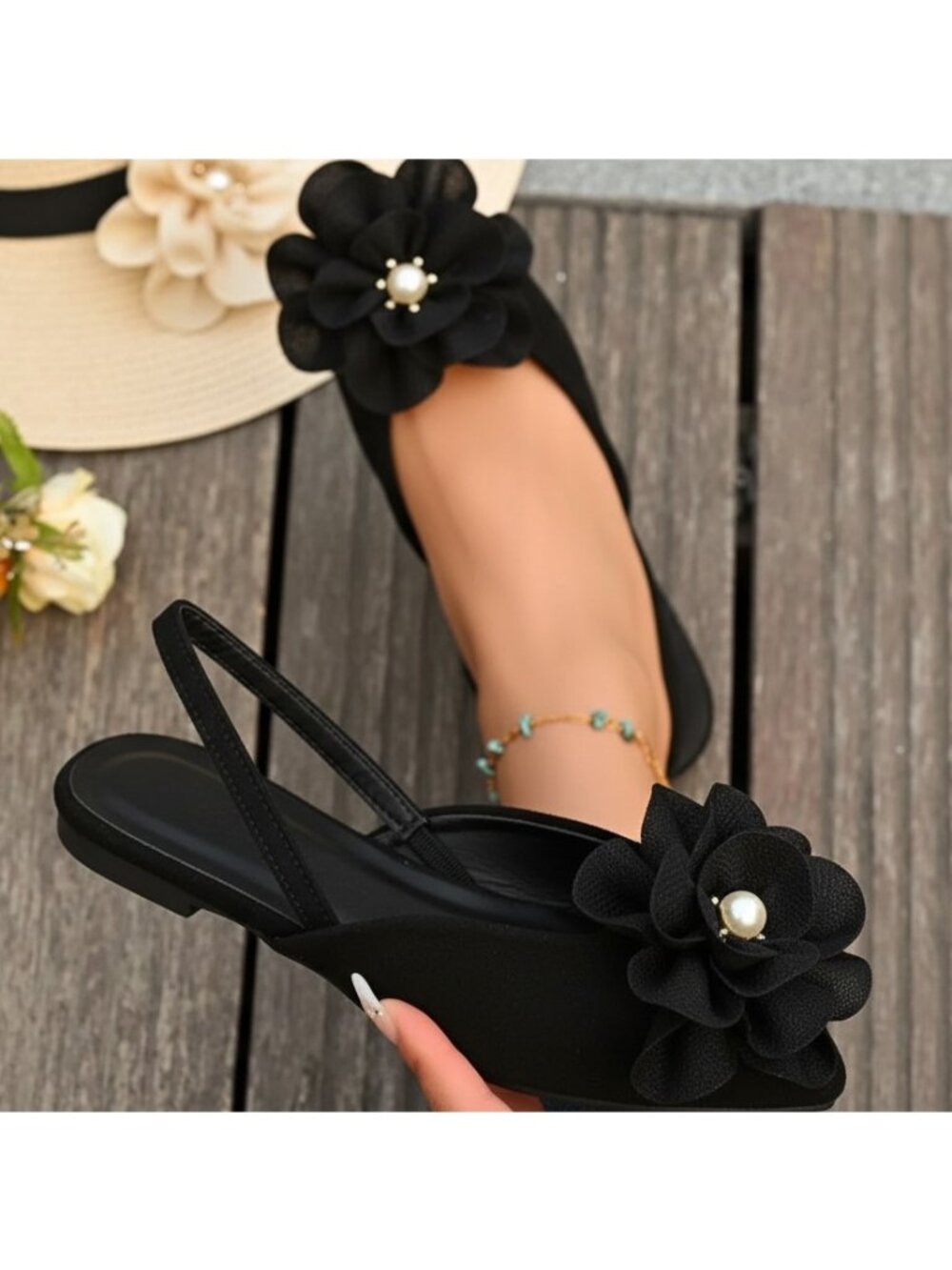 Pearl Flower Pointed Toe d'Orsay Slingback Flats Slip-On Dramatic Ballet Shoes